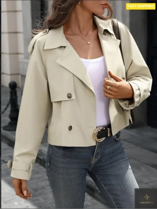 Cropped Trench Coat Oversized Double Breasted Classic Chic Fall Jacket new - Picture 3 of 10